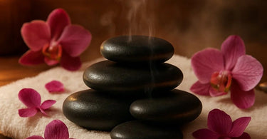 A professional spa therapist performing a hot stone massage with smooth basalt stones on a client's back in a serene spa environment