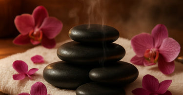 A professional spa therapist performing a hot stone massage with smooth basalt stones on a client's back in a serene spa environment