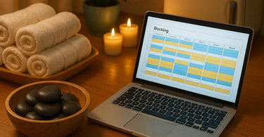 Spa professional organizing a busy schedule with hot stones and cold towels