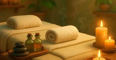 Relaxing spa treatment with candles, towels, and skincare products