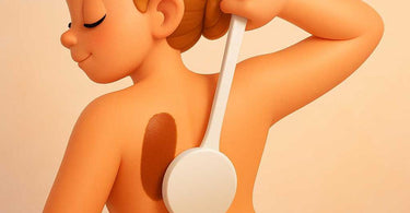 Woman using The Reach Lotion Applicator to apply self-tanner to her back at home