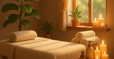 Professional massage bed in spa setting with folded towels and essential oils