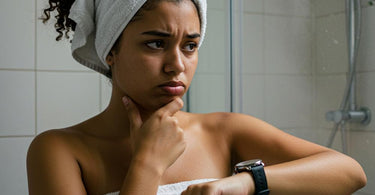 Woman contemplating shower after Brazilian wax
