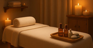 Relaxing spa massage with stones and towels on comfortable massage table