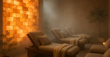 Relaxing salt therapy room with glowing salt walls and comfortable seating