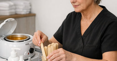 Waxing professional demonstrating the correct directional pull for underarm waxing using hard wax and a wooden spatula
