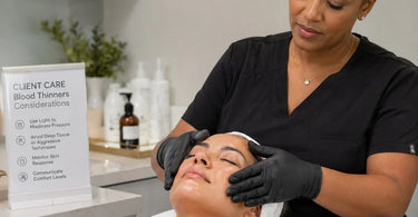 Gentle facial massage technique for clients on blood thinners, featuring light touch and professional guidance.