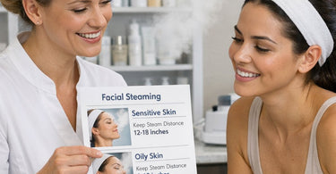 Spa professional adjusting facial steamer distance for sensitive versus oily skin types with Pure Spa Direct equipment