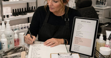 Spa professional organizing and adjusting inventory supplies for new service menu changes