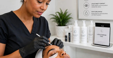 Tinting safety for contact lens wearers with protective eye pads and professional lash tint products
