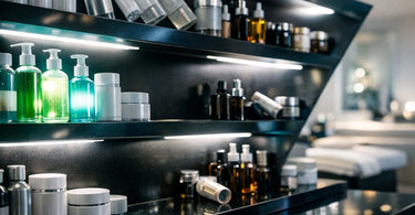 Organized backbar shelves in a professional salon, featuring clear bottles and labeled containers, with a focus on inventory management and hygiene.