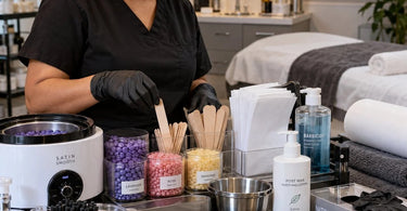 Professional hands-on wax training kit with wax warmer, applicators, strips, hard wax, soft wax, and pre- and post-wax supplies