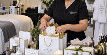 A beautifully curated last-minute gift station for a spa or salon featuring various retail products, bundles, and gift sets.