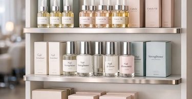 A vibrant retail display featuring cuticle oils, nail strengtheners, and repair kits on a spa wall, showcasing a healthy nails product selection.