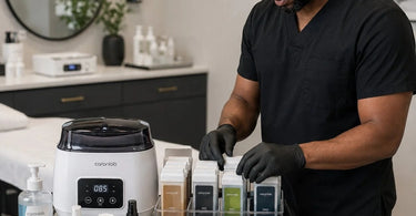 An organized and efficient wax cartridge station setup for a professional salon environment featuring a wax warmer, cartridges, and supplies.