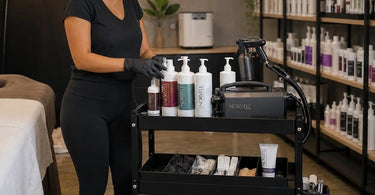 Professional mobile spray tan cart setup with HVLP spray system and pop-up tent from Pure Spa Direct