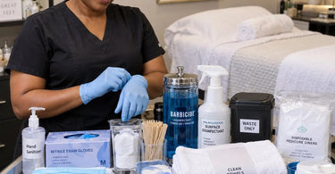 Professional pedicure sanitation supply kit with disinfectants, UV sterilizer, and single-use tools arranged in a clean salon setting