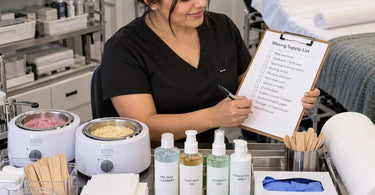 Professional waxing supplies organized for a new esthetician suite, including wax warmers, hard wax, wooden applicators, waxing strips, skincare products, and treatment room essentials