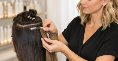 A hairstylist's hands expertly applying a tape-in hair extension weft to a client's hair, showcasing a clean section and professional technique in a modern salon setting.