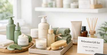 A beautifully arranged spa retail bundle featuring skincare products, a candle, a towel, and botanicals on a tray
