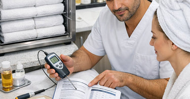 Technician calibrating digital display on a towel warmer with a small screwdriver and probe thermometer in a spa setting