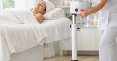 A stable facial steamer stand with a wide base and locking wheels, preventing tipping during professional spa treatments