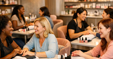 A bright and modern nail salon featuring a sleek, curved manicure table where a technician and client are engaged in a lively conversation, highlighting the social aspect of the service.