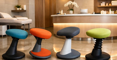 A stylish and modern reception stool in a spa or salon setting, highlighting its mobility and comfort for professionals.