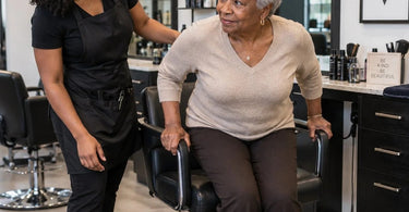 An illustration showing how to choose chairs that are easy for older clients to exit, featuring a comfortable and accessible salon chair with armrests for support.