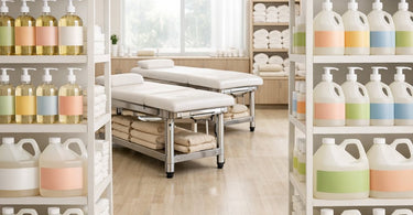 A serene spa treatment room showcasing a therapist's hands gliding with professional massage oil on a client's back, with bottles of Biotone and Bon Vital massage lubricants in the foreground.