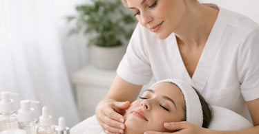 Close-up of a serene woman receiving a gentle enzymatic peel treatment from a spa professional in a calm, clean treatment room.