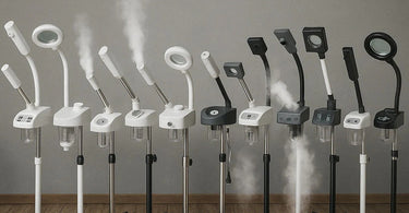 Professional facial steamer emitting gentle mist during a spa treatment
