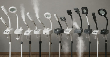 Professional facial steamer emitting gentle mist during a spa treatment