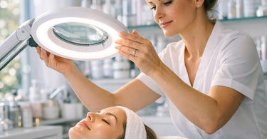 A professional esthetician using a magnifying lamp during a detailed facial treatment in a modern spa setting.