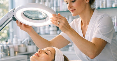 A professional esthetician using a magnifying lamp during a detailed facial treatment in a modern spa setting.