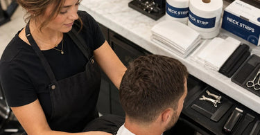 A close-up image showing a salon professional expertly applying a black neck strip to a client, ensuring a clean and comfortable haircut experience.