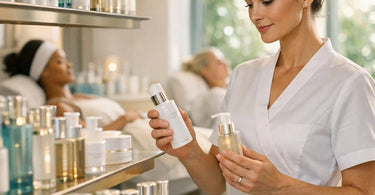A collage of professional skincare products, including serums and creams, displayed elegantly on a marble surface with spa essentials like a facial steamer and towels.