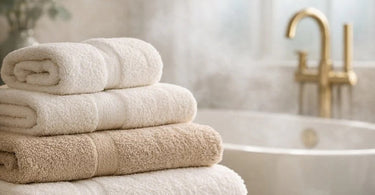 A luxurious stack of fluffy white spa towels and bath sheets of different sizes and weights, neatly folded in a serene spa treatment room
