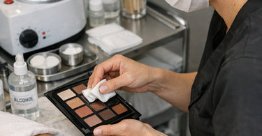 Professional makeup artist cleaning and sanitizing eyeshadow palettes with alcohol spray and tools on a studio table.