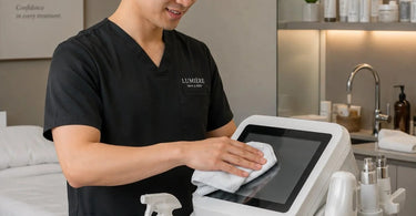 A spa professional cleaning a touchscreen device with a microfiber cloth to maintain hygiene and functionality.