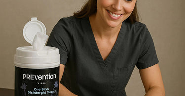 Professional massage therapist cleaning a portable massage table with disinfectant spray and microfiber cloth