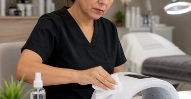 A pristine nail lamp being gently cleaned with a microfiber cloth and isopropyl alcohol, showcasing a spotless and hygienic salon work station.