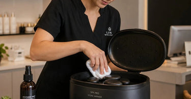 Clean professional stone warmer and basalt stones arranged on a white towel, ready for massage therapy.