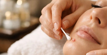 Close-up image showing the precise application of a spot treatment to a single blemish on clean, moisturized skin, demonstrating professional technique.