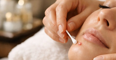 Close-up image showing the precise application of a spot treatment to a single blemish on clean, moisturized skin, demonstrating professional technique.