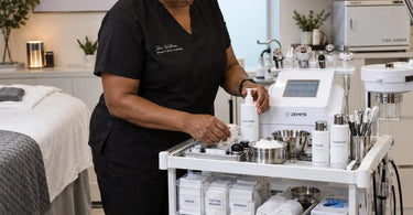 A clean and well-organized spa cart setup for facial machines, featuring a facial steamer, microcurrent device, and organized skincare products.