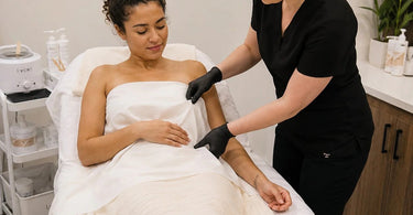 Draping setup for nervous clients featuring professional massage table linens, hygiene products, and spa towels from Pure Spa Direct.