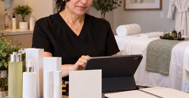 Spa professional following up with client after retail purchase to build loyalty and repeat business