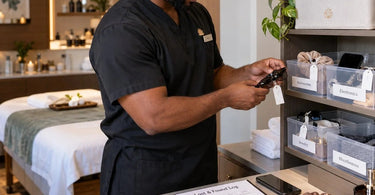 Organized spa front desk lost-and-found process with labeled storage and secure guest belongings