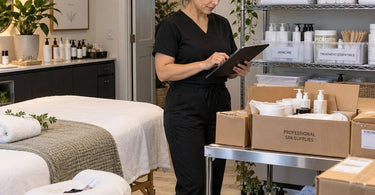Organized salon receiving area with labeled storage zones for spa supply deliveries